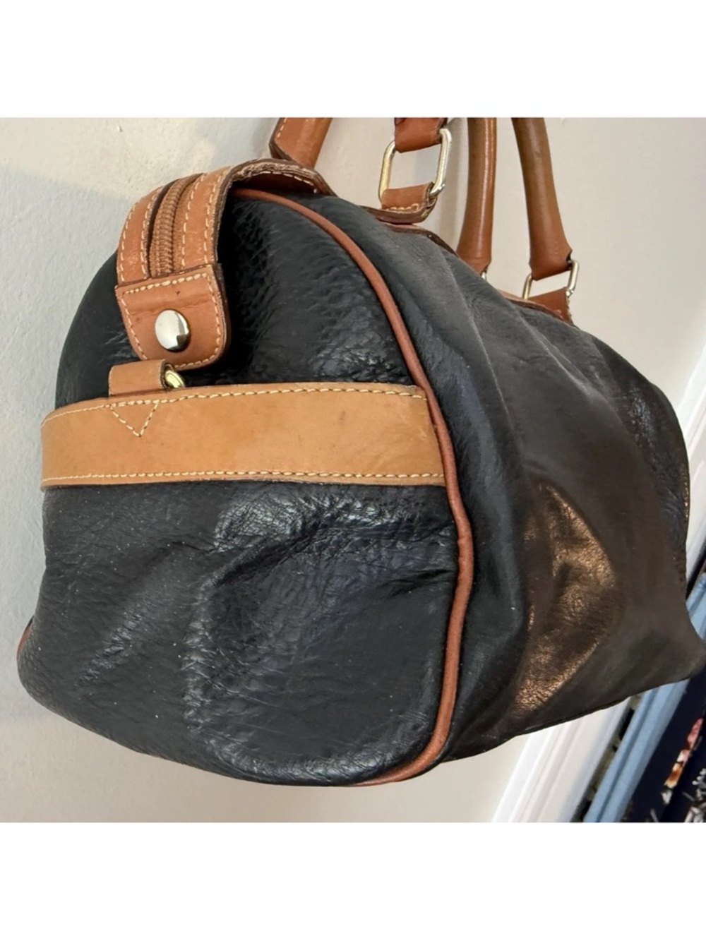 Saint Borse Vintage Satchel Purse Bag Pebbled Faux Leather Black Brown Lined - Picture 8 of 10